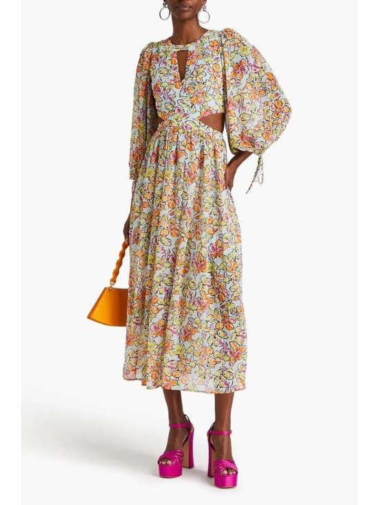Maje Dresses & Skirts - Maje Risofa Long Sleeve Maxi Dress Orange Blue Hibiscus Floral Cutout Size 8 NWT